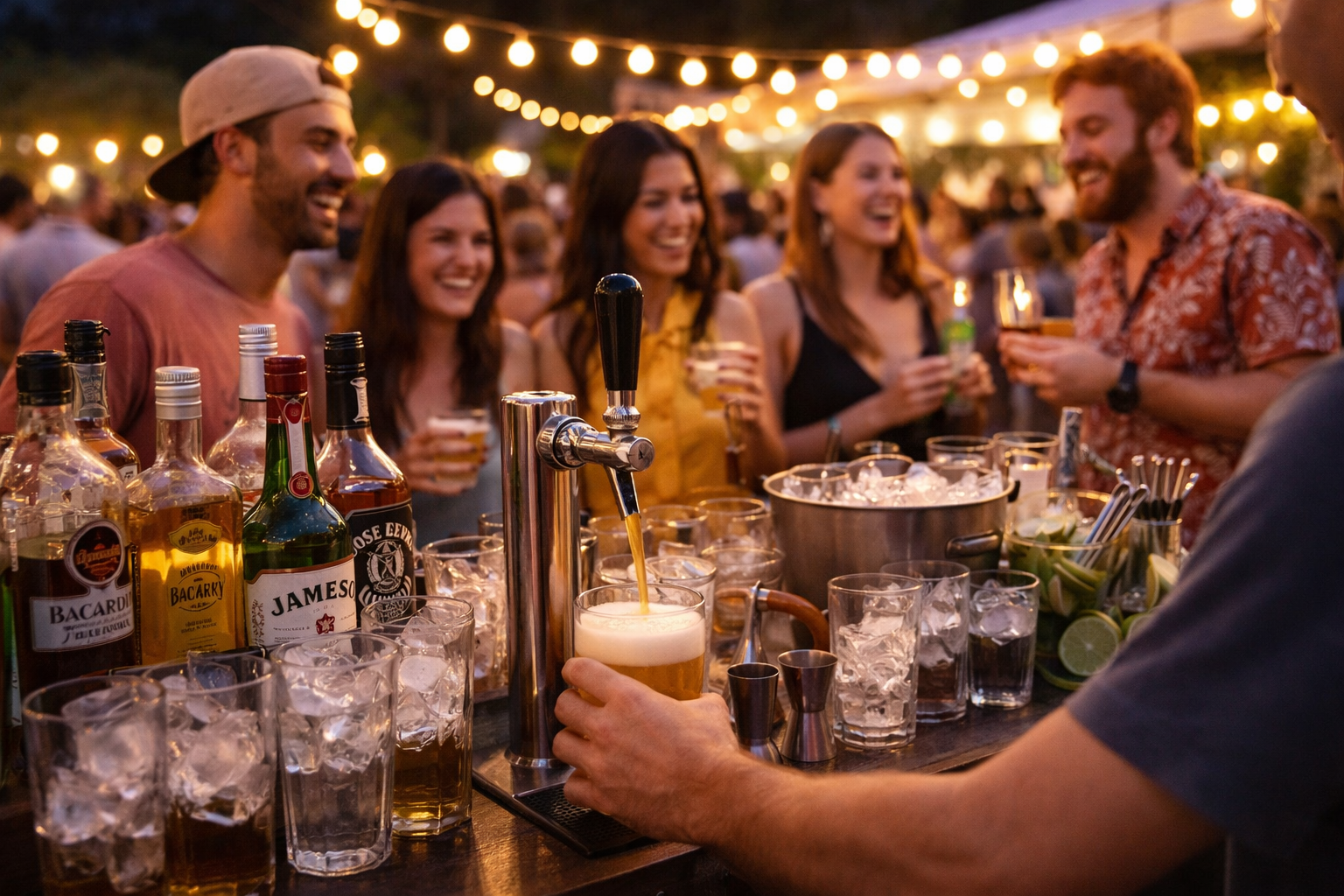 Crowded night festival with colorful lights and professional beer service kiosks